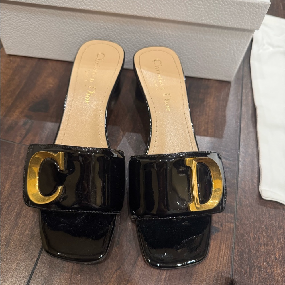 Authentic Dior Black Calfskin Patent Leather Sandal